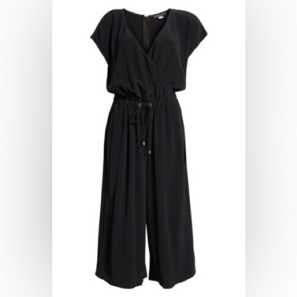 EILEEN FISHER Tencel Crepe Wide Leg Crop Cap Sleeve Jumpsuit Black - Picture 2 of 9